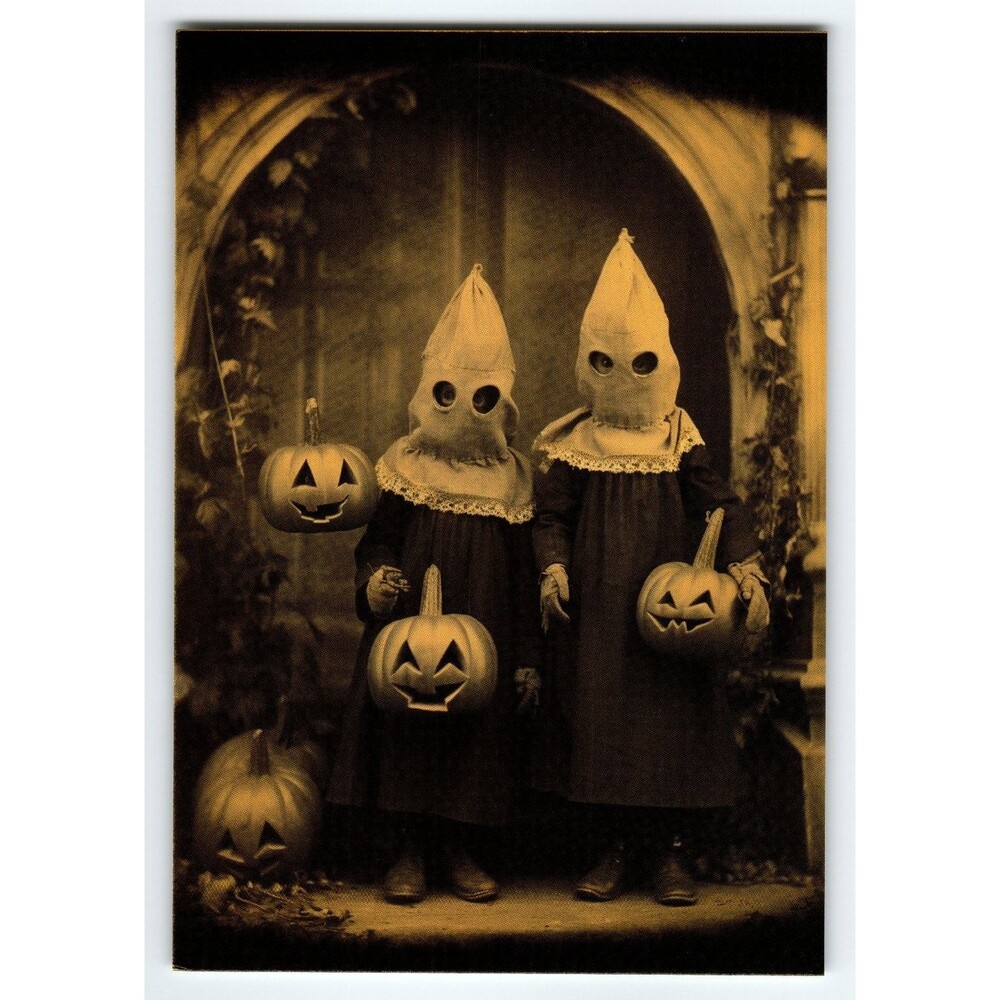 Vintage Creepy Halloween Postcard Two Children with Jack-o'-Lanterns Litho